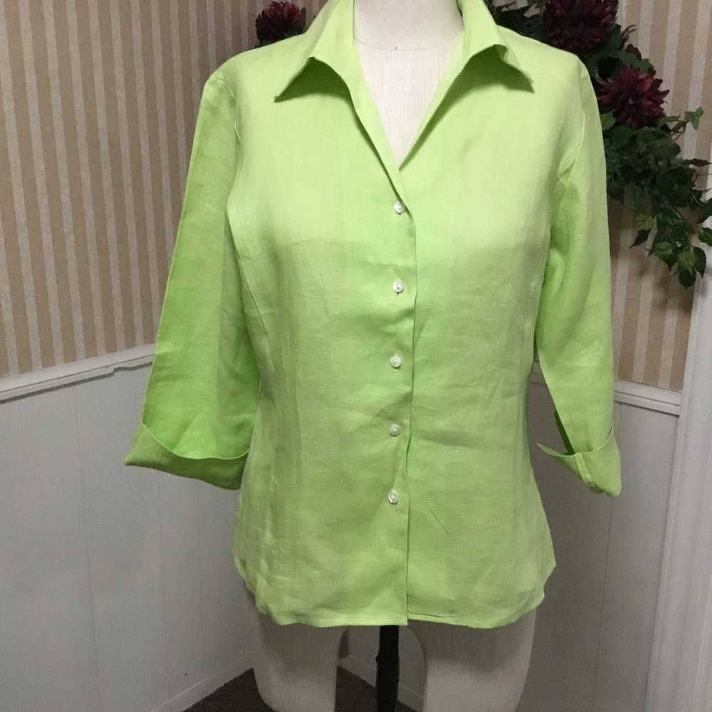 Talbots KeyLime Green Linen Blouse Top Women's Size Medium Vintage